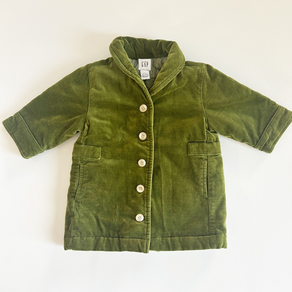 Baby Gap Green Velvet Quilted Lining Shawl Collar Pea Coat Jacket Size 3-6M‎